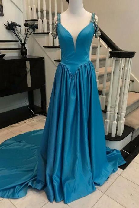 Sexy Backless Blue Prom Dresses New Satin Deep V Neck Off The Shoulder Long Evening Dress