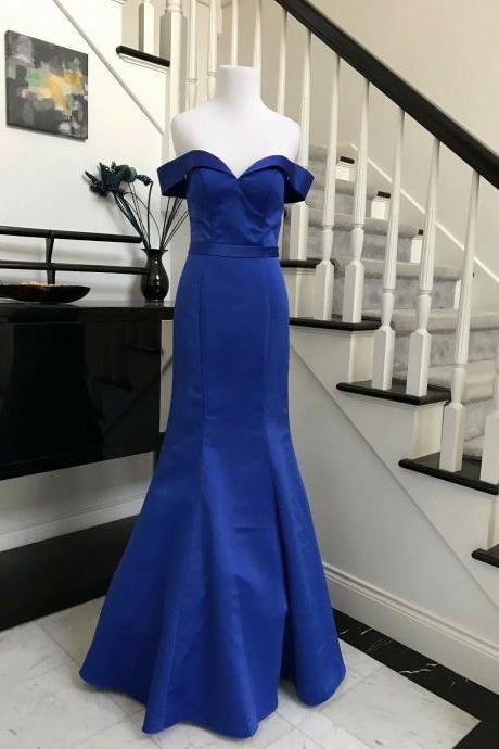 Fashion Mermaid Prom Dresses Satin Floor Length Off The Shoulder Royal Blue Evening Gowns