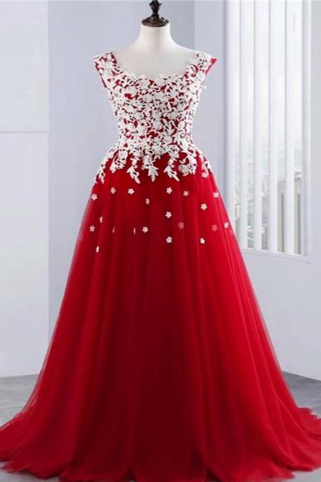 Red Evening Dresses Scoop Neck Sleeveless Lace Up Sweep Train With Lace Top Custom Made Prom Dresses