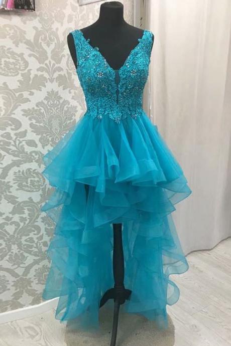 High Low Blue Evening Dresses V-neck Sleeveless Backless Sweep Train With Lace Applique Custom Made Beading Prom Dresses