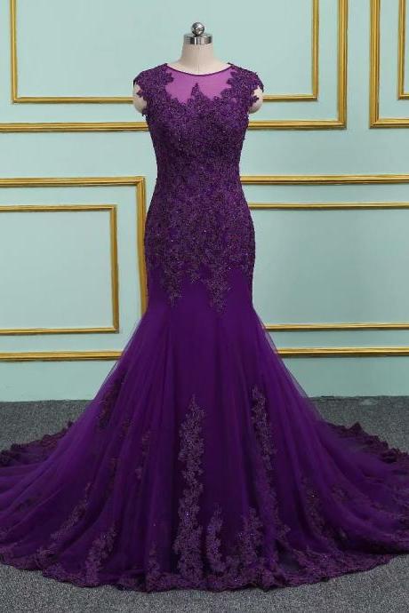 Purple Mermaid Long Prom Dresses Tulle Beaded Appliques Sheer Neck Evening Dress