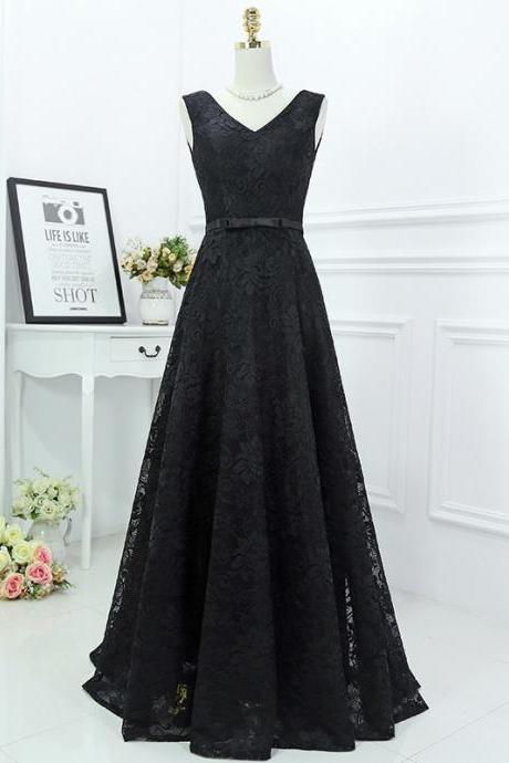 Black Lace Prom Dress Elegant V Neck Evening Dresses With Belt Party Dresses Robe De Soiree Formal Gowns