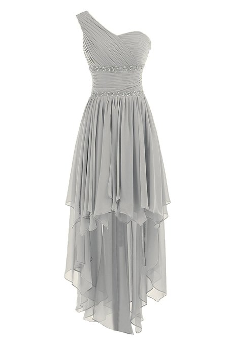 Grey One Shoulder Chiffon Ruched High Low Evening Dress With Beaded Embellishment