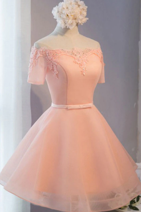 Homecoming Dresses,A-line tulle short sleeve lace short prom dress,formal dress