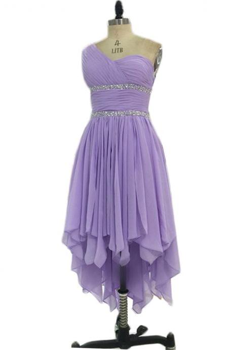 New Arrival High Low One Shoulder Prom Dresses Sexy Chiffon Lavender Evening Dresses Elegant Prom Gowns Party Dress