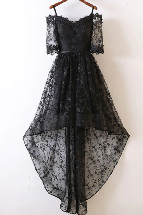 Homecoming Dresses,Black high low lace prom dress, black homecoming dress