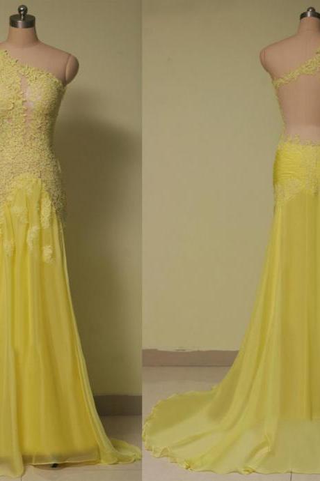 One Shoulder Prom Dresses,Lace Evening Dress,Chiffon Prom Dress,Yellow Prom Dresses,Backless Prom Gown,Long Sleeves Prom Dress,Fashion Evening Gowns for Teen Prom