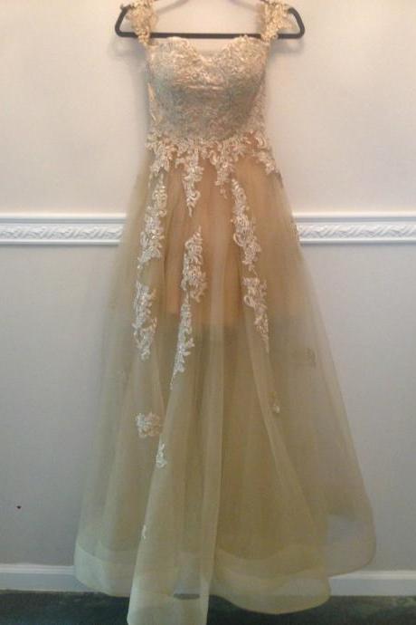 Prom Gown,off Shoulder Floor Length Champagne Prom Dress With Appliques