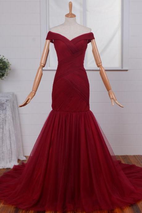 Ruched Mermaid Long Red Formal Evening Gown Off-the-shoulder Tulle Prom Dresses
