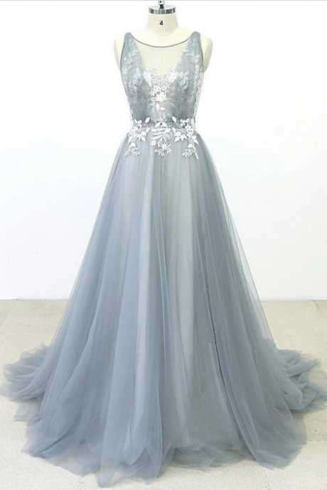  Prom Dresses,Simple Lace A-line Tulle Long Prom Dress with a Train 
