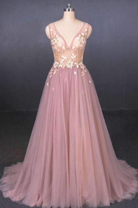 Prom Dresses,v Neck Sleeveless Tulle Prom Dress With Appliques, A Line Tulle Evening Dress