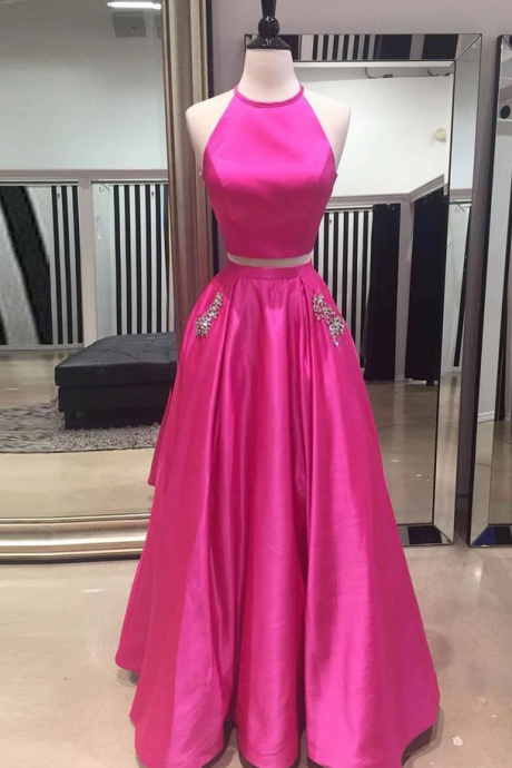 Prom Dresses Two Pieces Prom Dress with Pockets, Floor Length Formal Dresses