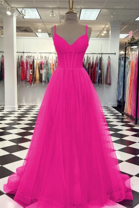 Prom Dresses A-line/princess Tulle Ruffles V-neck Sleeveless Sweep/ Dresses