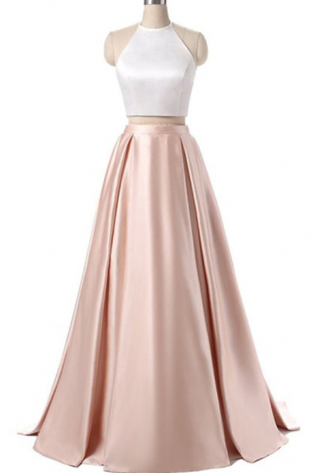 Prom Dresses A Line Two Pieces Party Dress,halter Backless Satin Prom Dresses,zipper Evening Dresses,prom Dresses