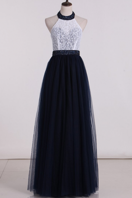 Prom Dresses Halter With Beading A Line Prom Dresses Tulle & Lace Floor Length