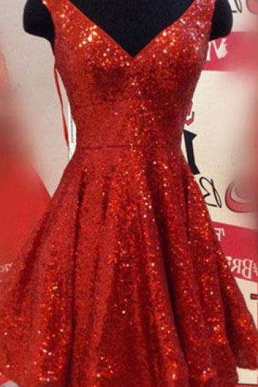 Short Homecoming Dresses,a-line Homecoming Dress,v-neck Homecoming Dresses,sequins Homecoming Dresses,red Homecoming Dress