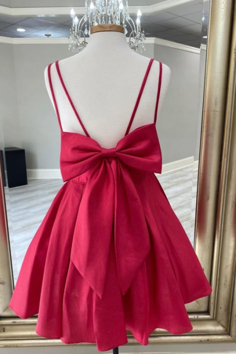 Simple Satin Spaghetti Straps Backless Bowknot A-line Homecoming Dresses