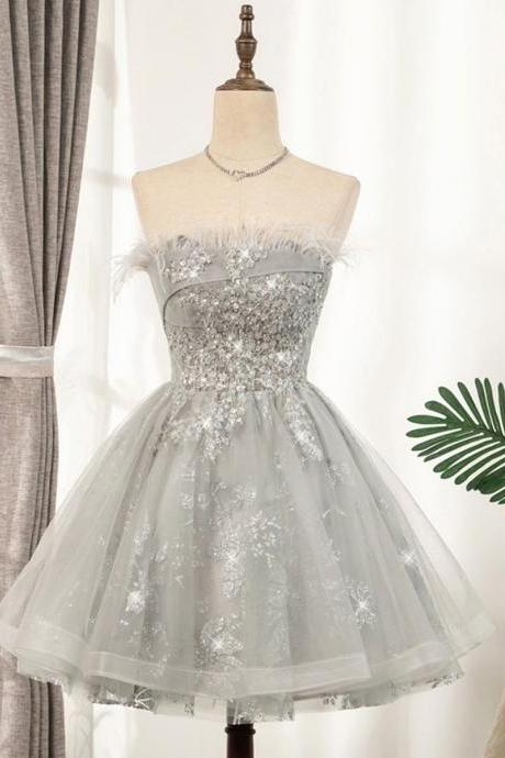 Lace Tulle Short Prom Dress, Gray Cocktail Dress,sweetheart Homecoming Dresses