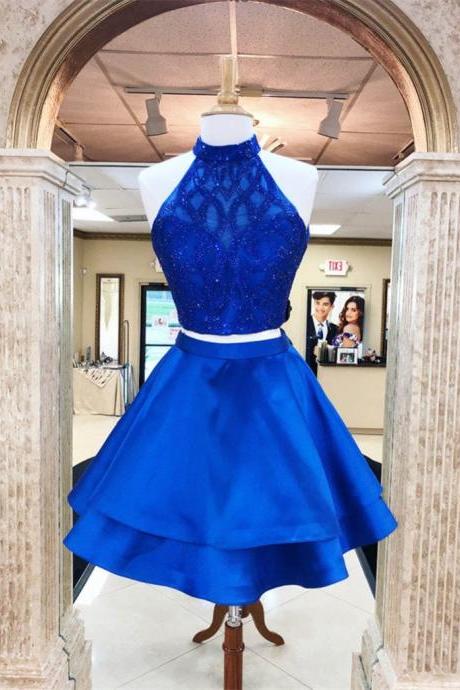 Sexy Royal Blue Prom Dress, Open Back Short Party Dress, Beaded Prom Gowns