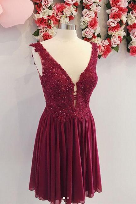 Simple Burgundy Lace V-neck Short Prom Dress,a-line Chiffon Homecoming Dress