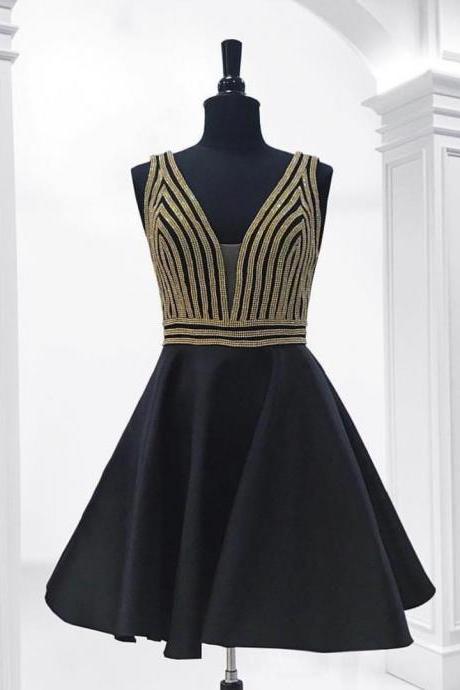 Cute Black V-neck Straps Beaded Chiffon Homecoming Dress,sleeveless Party Dress