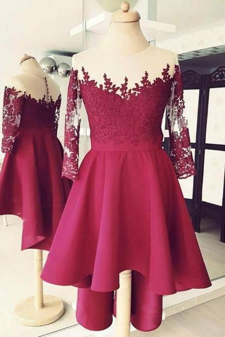 Burgundy High Low Applique 3/4 Sleeves Lace Homecoming Dress,short Prom Dress