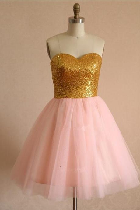 Cute Short Light Pink Tulle Sequins Homecoming Dresses, Short Prom Dresses, Party Dresses
