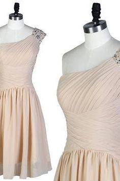 Cute Simple Short One Shoulder Champagne Bridesmaid Dresses, Homecoming Dresses, Short Party Dresses