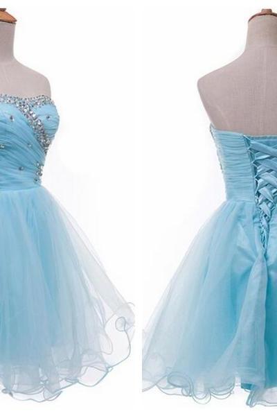 Cute Light Blue Tulle Short Handmade Sweetheart Prom Dresses, Short Prom Dresses, Homecoming Dresses