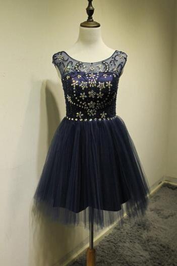 Cute Navy Blue Short Tulle Prom Dress With Beadings, Homecoming Dresses , Short Prom Dresses