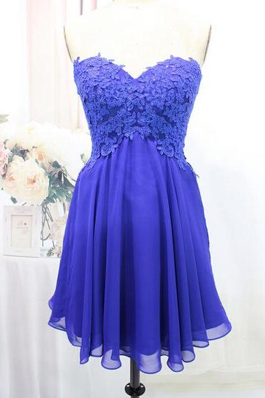 Lovely Short Blue Prom Dress With Lace Applique, Short Prom Dresses, Blue Prom Dresses
