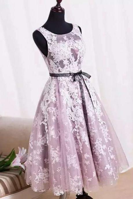 Charming Tea Length Tulle Pink Prom Dresses With Lace Applique, Prom Dresses, Homecoming Dresses,simple Short Prom Dresses,homecoming Dress,dance