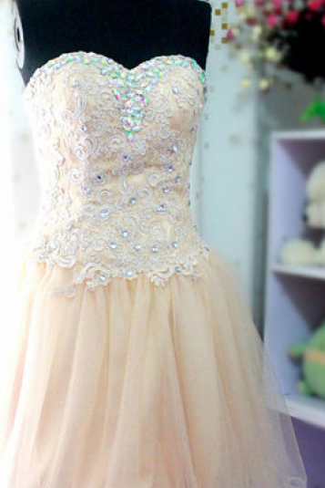 Cute Champagne Tulle Short Prom Dresses, Lovely Lace Bodice Homecming Dresses, Short Mini Dress, Occasion Dres