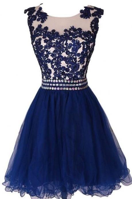Lovely Navy Blue Short Lace Applique Prom Dresses, Homecoming Dresses, Short Formal Dresses
