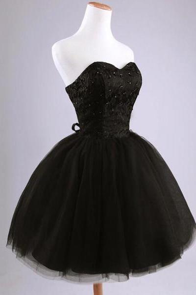 Beautiful Black Short Lace And Tulle Homecoming Dress, Sweetheart Short Prom Dress
