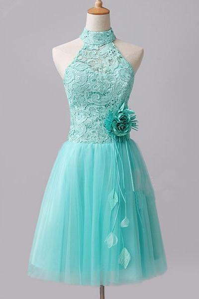 Cute Mint Halter Lace Flowers Homecoming Dresses, Short Prom Dress, Graduation Dress