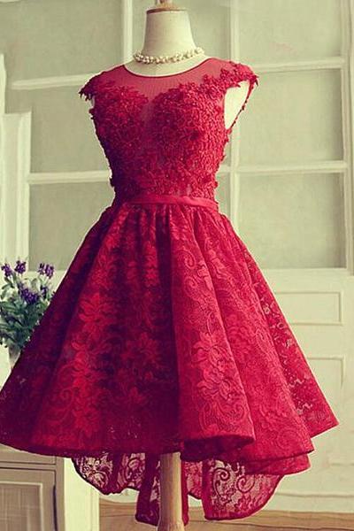 Wine Red Lace High Low Party Dress, Lace Homecoming Dresses
