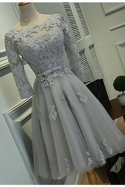 Cute Short Grey Lace Homecoming Dresses, Tulle Party Dress
