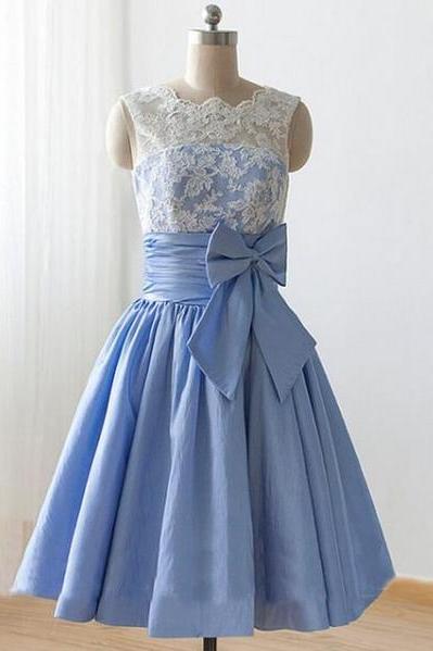 Light Blue Neckline Lace A-line Short Wedding Party Dress, Bridesmaid Dress With Ribbon