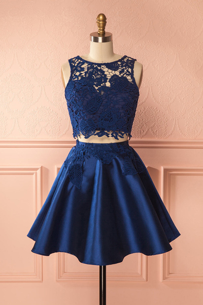 Cute Navy Blue Lace Two Pieces Short Prom Dress, Mini Party Dress
