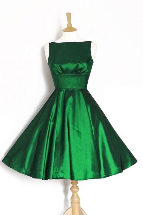 Neckline Green Taffeta Vintage Short Party Dress With Zipper V Back