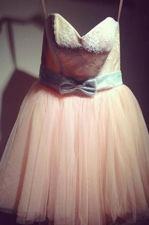 Cute Strapless Short Prom Dress,orange Powder Short Bridesmaid Dress,a Line Ball Gowns With Bow