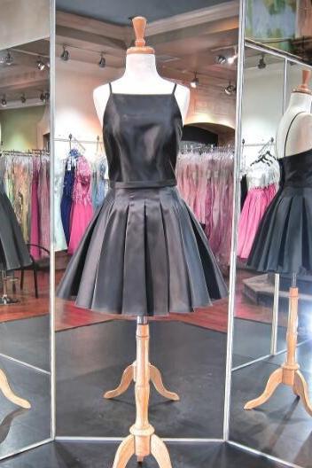 Short Black Satin Homecomig Dress,a Line Backless Party Dresses,pleated Homecoming Dresses