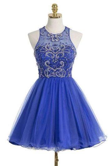 Blue Prom Dress,tulle Prom Gown,short Homecoming Dress,o Neck Beaded Homecoming Dresses