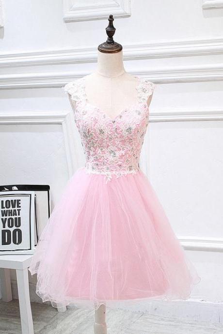 Sexy V Neck Prom Dress,Beaded Tulle Prom Dresses,Short Prom Gown