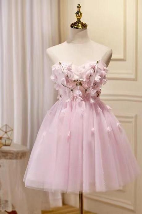 Pink Strapless Homecoming Dress,cute Cocktail Dress, Birthday Party Dress With Applique