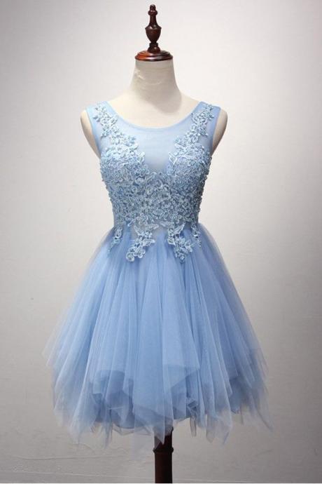 A-line Scoop Neck Tulle Short/Mini Pearl Detailing Homecoming Dresses, Applique Prom Dress, Short Sexy Formal Evening Dress