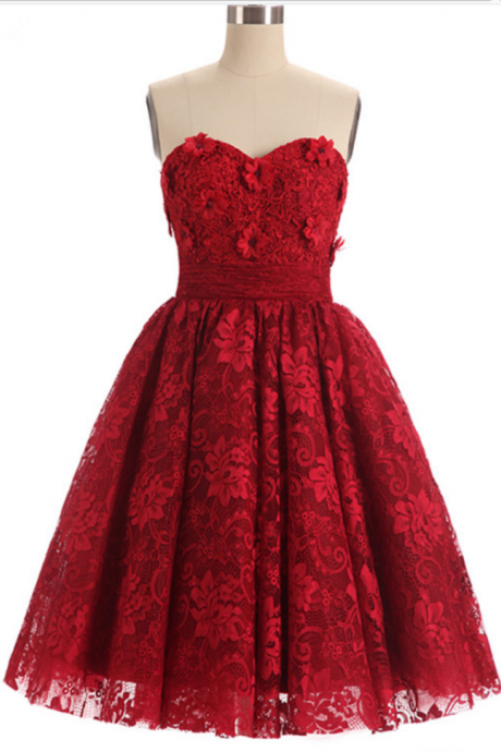 Lace Appliques Prom Dress, Short red Evening Dress ,Sexy strapless homecoming dress