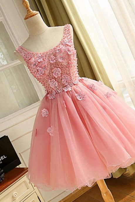 Applique Prom Dresses,Short Pink Homecoming Dress with Beading 