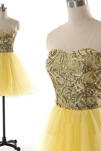 short yellow prom dress, lovely prom dress, knee-length prom dress, homecoming dress